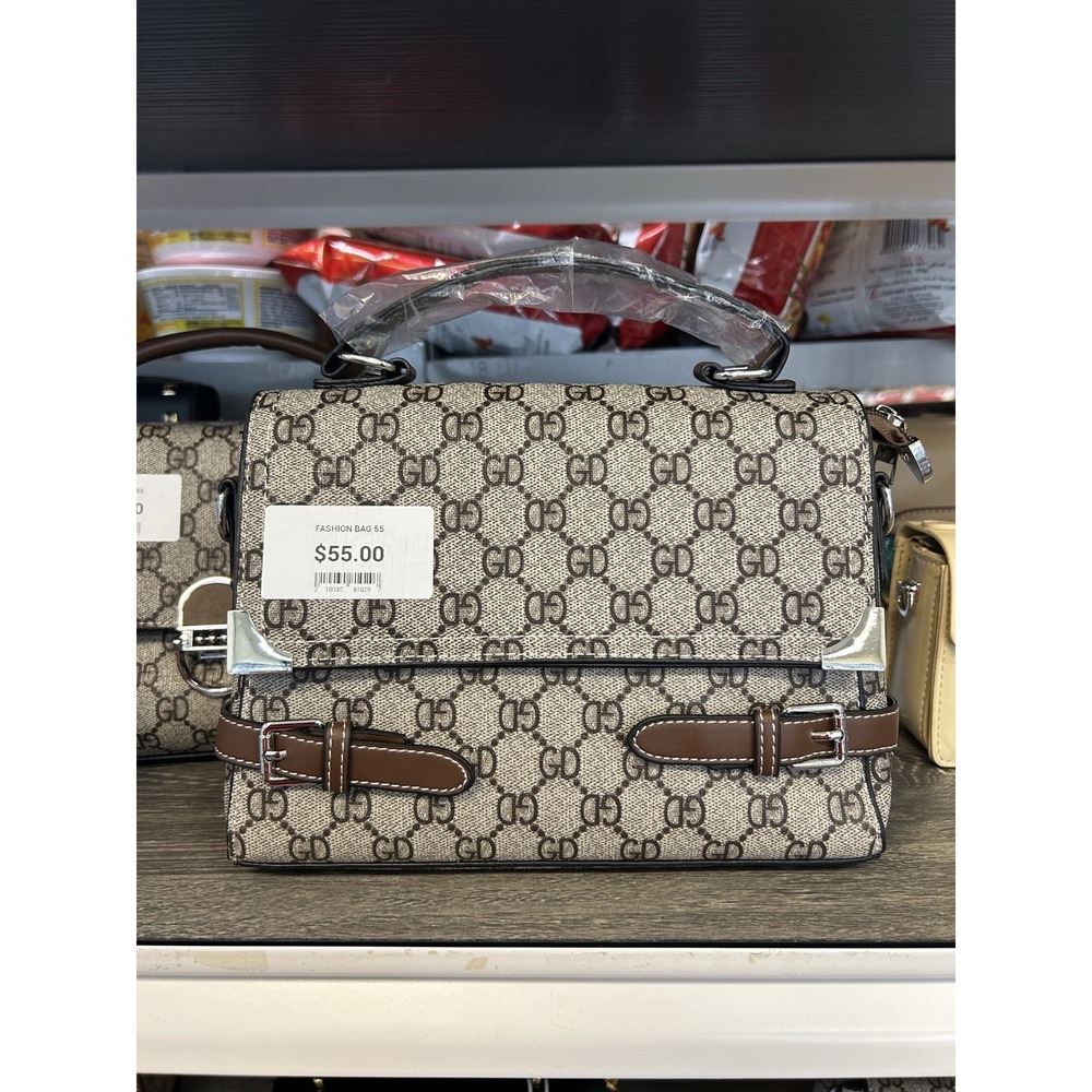 Beige Brown GD Logo Medium Top Handle Satchel Silver Buckle, Detachable Strap